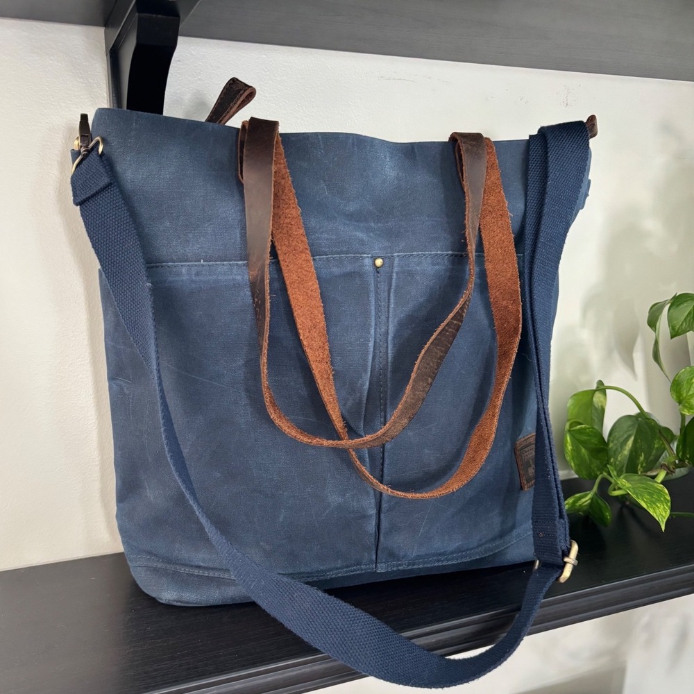 Green is Wise Waxed Canvas Tote Bag Navy Blue Leather Trim Crossbody Shoulder